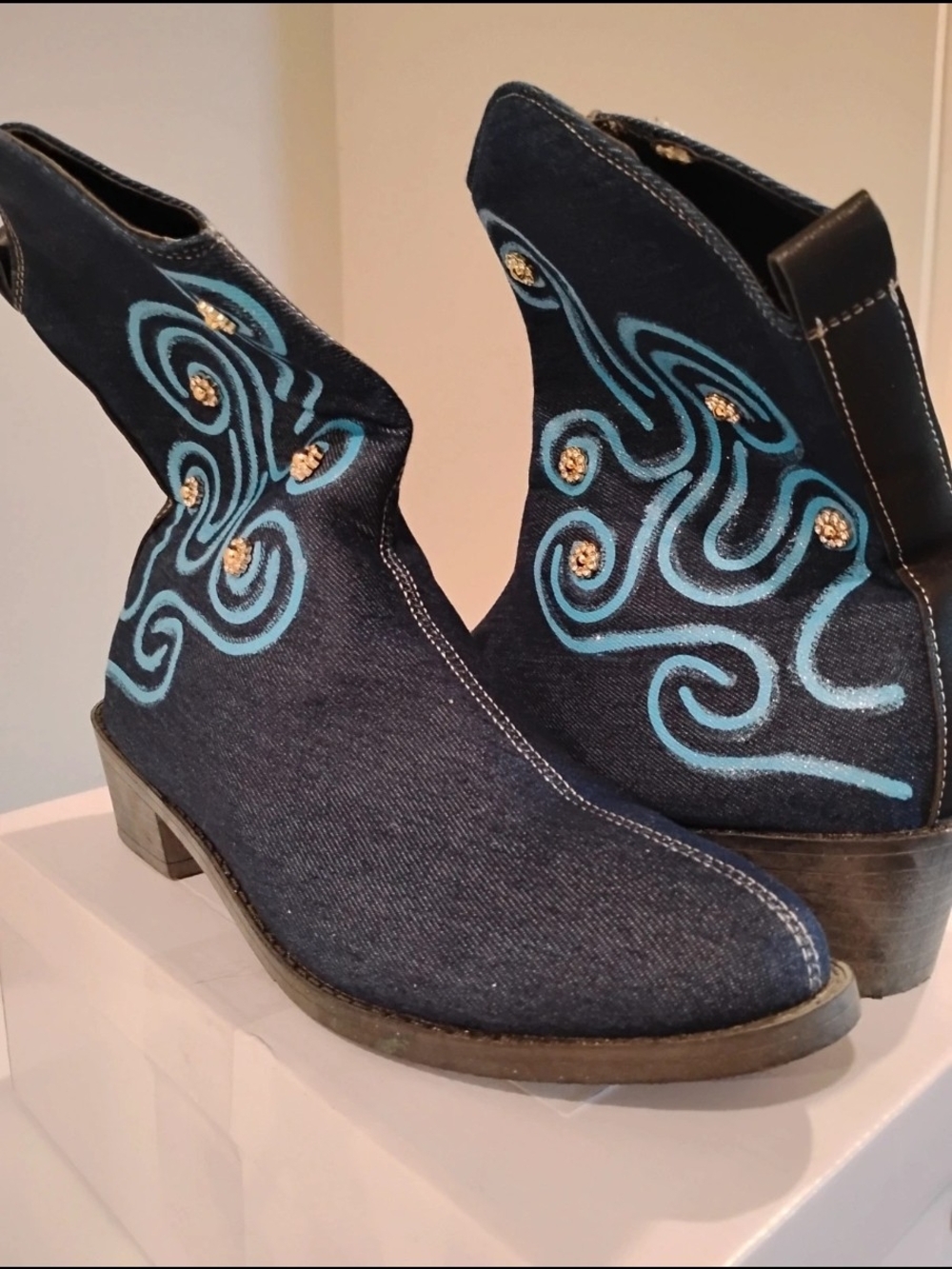 Denim Blue Embroidered Ankle Booties with Turquoise Swirl Detail